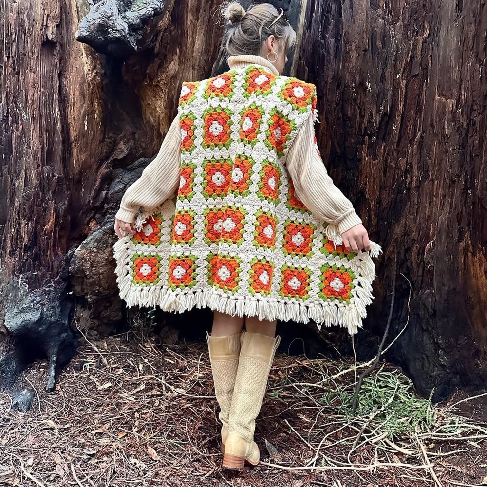 Crocheted reworked vintage throw shawl coat